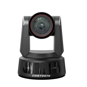 CineTreak CT-PT31K professional 4K PTZ camera with 31x optical zoom, front view showcasing large lens with red ring, sturdy black body, and control panel with power and status indicators