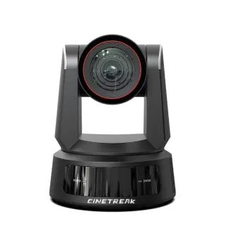 CineTreak CT-PT31K 12G NDI PTZ camera with 31x optical zoom, front view showing lens with red ring and control panel for live streaming and professional broadcasting