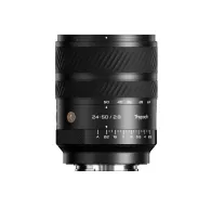 DZO Optics Thypoch AF Voyager 24-50mm f/2.8 full-frame lens for Sony E-mount cameras, featuring a detailed front view with aperture and focal length markings clearly visible.DZO Optics Thypoch AF Voyager 24-50mm f/2.8 full-frame lens for Sony E-mount cameras, featuring a detailed front view with aperture and focal length markings clearly visible.