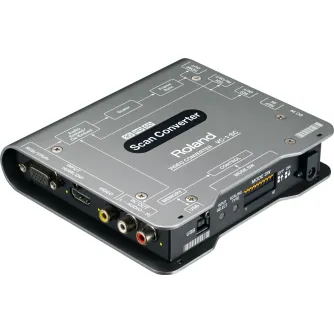 Профессиональный видеоконвертер Roland VC-1-SC, вид сзади, с разъемами HDMI, SDI и аналоговыми аудиовходами для высококачественного преобразования сигналов 3G/HD/SD и масштабирования.