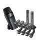 Sennheiser e 600 Series drum microphone set featuring e 602-II kick drum mic, four e 604 snare and tom mics, and two e 614 condenser overhead mics, displayed with mounting clips for live and studio recording.