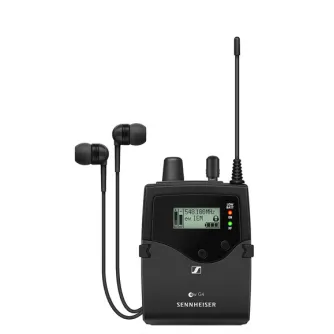 Sennheiser EK IEM G4 stereo bodypack uztvērējs ar iekšaus ausu klausulēm IE 4, ar apgaismotu LCD ekrānu, kas rāda frekvenci un signāla stiprumu.