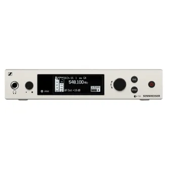 Sennheiser EM 300-500 G4 wireless receiver front view with active frequency display of 548.100 MHz and intuitive control interface for professional audio applications