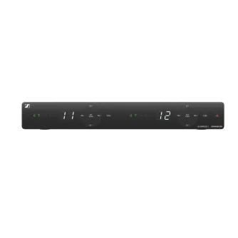 Sennheiser EM-XSW 1 dual-channel wireless receiver with internal antennas, front view showing channel displays and control knobs for reliable UHF audio in live performances and presentations