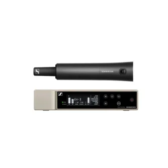 Sennheiser EW-D SKM-S wireless handheld microphone transmitter with mute button, alongside the EW-D EM digital UHF receiver featuring OLED display and XLR output