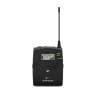 Sennheiser SK 100 G4 wireless bodypack transmitter with backlit LCD display showing frequency and battery status, featuring 3.5mm locking input connector and vertical antenna