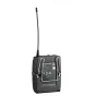 Sennheiser SK 100 G4 wireless bodypack transmitter rear view with metal housing, antenna, and backlit LCD display for live performance and broadcasting