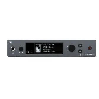 Sennheiser SR IEM G4 wireless stereo transmitter with active OLED display showing frequency 548.100 MHz, front panel controls and SYNC function for professional in-ear monitoring