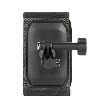 SmallRig backpack strap mount for DJI Osmo Pocket 4/3 featuring a 3-prong mount, locking thumbscrew, and dual accessory shoe mounts – a secure hands-free camera rig for outdoor vlogging and travel