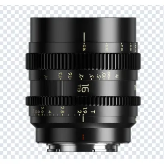 Объектив Thypoch Simera-C 16mm T1.9 для полнокадровых киносъёмок на Sony E-mount с черным матовым покрытием, отметками диафрагмы от T1.9 до T16, шкалой расстояния фокуса и характерным механизмом передачи для регулировки фокуса.