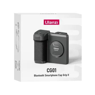 Ulanzi CG01 Bluetooth tālruņa fotoaparāta rokturis ar magnētisko attālināto slēdzi oriģinālajā iepakojumā, uzsverot ergonomisko dizainu un bezvadu attālināto kontroli stabilai mobilajai fotografēšanai