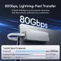 Ulanzi DT580 Thunderbolt 5 M.2 NVMe SSD enclosure with 80Gbps transfer speed connected to a laptop, showcasing ultra-fast data transfer capabilities
