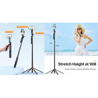 Ulanzi MA07 Bluetooth pašfotogrāfijas stienis ar izstiepjamu statīvu, demonstrējot gimbal, pašfotogrāfijas un statīva režīmus daudzpusīgai mobilā telefona un GoPro fotografēšanai