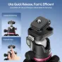 Ulanzi TZ01 carbon fiber tripod featuring Uka quick-release plate in locked and unlocked states, ideal for fast setup in photography and videography