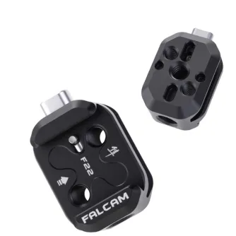 Falcam F22 Quick Release Plate for Insta360 X5 - front and top view with 1/4-20 screw mount and locating pins for stable accessory attachment
