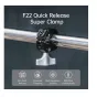 FALCAM F22 Quick Release Super Clamp mounted on a metal rod, showcasing powerful clamping force and versatile 1/4-20 and 3/8-16 thread compatibility for professional camera and lighting setups
