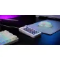 Mars Gaming MSD-NEO white programmable control deck with illuminated LCD keys and extended display, connected to a laptop for streaming and productivity tasks