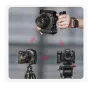 Falcam F22/F38/F50 Quick-Mount L-Bracket for Canon EOS R5/R5C/R6 cameras, demonstrating seamless switching between horizontal and vertical orientations on a tripod setup.