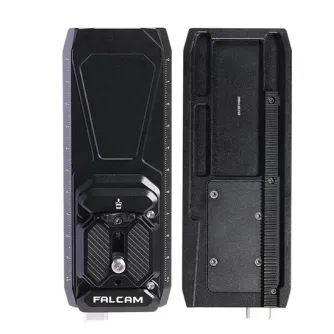 Falcam F38 Quick Release Kit for DJI V2 - front and rear view of lightweight aluminum base plate and top plate with sliding adjustment rail and 1/4-inch screw mount