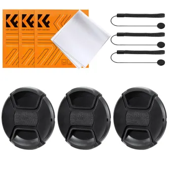 K&F Concept 67mm camera lens cap set with 3 pinch-style caps, 3 anti-lost ropes, and 3 microfiber cleaning cloths in branded packaging