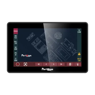 PortKeys BM5 WR 5.5-inch monitor with RED Komodo wireless control interface, showing active touchscreen display with camera settings and technical diagram