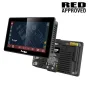 PortKeys BM5 WR 5.5-inch monitor with RED Komodo wireless control interface, showing front and side view with active screen menu and 2.4GHz antenna connector