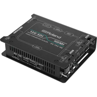 Конвертер и скалер Roland VC-1SC-4K 12G-SDI в HDMI с видом задней панели, на которой расположены порты HDMI и SDI, разъёмы XLR для аудио и регуляторы управления