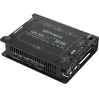Конвертер и скалер Roland VC-1SC-4K 12G-SDI в HDMI с видом задней панели, на которой расположены порты HDMI и SDI, разъёмы XLR для аудио и регуляторы управленияКонвертер и скалер Roland VC-1SC-4K 12G-SDI в HDMI с видом задней панели, на которой расположены порты HDMI и SDI, разъёмы XLR для аудио и регуляторы управления