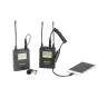 Saramonic wireless UwMic9 transmitter and receiver set with lavalier mic, connected to iPhone for seamless audio recording solution
