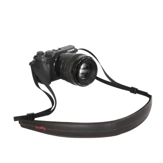 SmallRig Camera Neck Strap Lite 2794 with Canon mirrorless camera, black leather strap featuring red stitching and quick-release buckles
