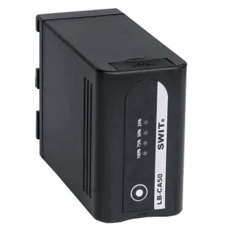 SWIT LB-CA50 73Wh Canon BP-A compatible battery with D-Tap output, front view showing LED power indicator and clip attachment