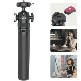 Ulanzi MT90 Cka Quick Release Tripod with extendable sections and quick-release plate, shown in lifestyle scenes for food recording and as a selfie stick in an urban setting.