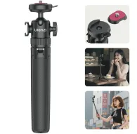 Ulanzi MT90 Cka Quick Release Tripod with extendable sections and quick-release plate, shown in lifestyle scenes for food recording and as a selfie stick in an urban setting.Ulanzi MT90 Cka Quick Release Tripod with extendable sections and quick-release plate, shown in lifestyle scenes for food recording and as a selfie stick in an urban setting.