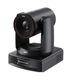 Hollyland Astra P1 UHD 4K PTZ kamera ar 30x optisko paplīdināšanu, priekšējais skats, kas parāda profesionālu objektīvu ar sarkano gredzenu un elegantu melnu korpusu, ideāla tiešraidēm un pasākumu ražošanai