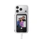 Insta360 Snap Selfie Screen with built-in LED light and touchscreen display attached to smartphone, showing a selfie preview of three people smiling at the camera.