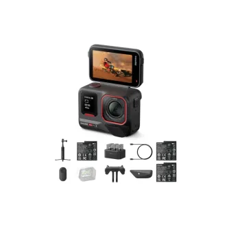 Insta360 Ace Pro 2 Creator Bundle 2.0 with camera showing flip-up touchscreen, three batteries, fast-charging hub, Mini 2-in-1 Tripod 2.0 Remote Kit, and complete accessory set