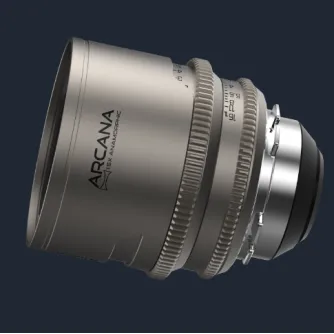 DZOFILM Arcana 45mm T2.1 full-frame 1.5x hybrid anamorphic prime lens with PL mount, featuring a silver and black metallic finish and 77mm filter thread
