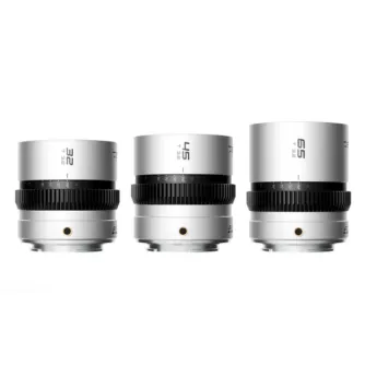 Blazar Beetle 1.33X anamorphic lens set with 32mm, 45mm, and 65mm pancake lenses for Sony E-mount cameras, featuring compact design and fixed T3.2 aperture