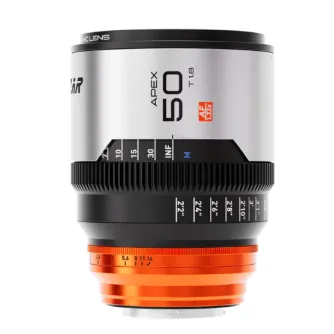 Blazar Apex 50mm T1.8 1.33X autofocus anamorphic lens for L Mount cameras featuring a silver and black body, orange front ring, and detailed focus and aperture markings.
