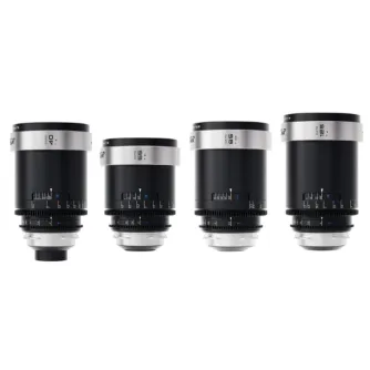 BLAZAR Cato 2X pilnformatīvās anamorfās 4 objektīvu komplekts ar 40mm T2.0, 55mm T2.0, 85mm T2.8 un 125mm T4.0 objektīviem, attēlots no priekšpuses kinofilmu uzņemšanai