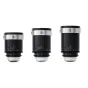 Blazar Cato 2X pilnformatu anamorfisko objektīvu komplekts ar 55mm T2.0, 85mm T2.8 un 125mm T4.0 objektīviem, attēlots priekšējā redzējumā ar maināmu PL montāžu un raksturīgajām sudrabainajām flāriem kinomākslas veidošanai