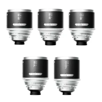 Blazar MANTIS 1.33X Full Frame Anamorphic 5-lens set featuring 25mm, 35mm, 50mm, 75mm, and 100mm focal lengths, shown from the front