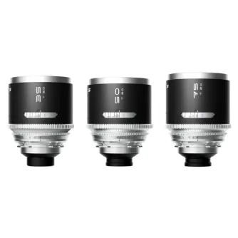 Blazar MANTIS 1.33X full-frame anamorphic 3-lens set (35mm, 50mm, 75mm) with PL mount, T2-T22 aperture, and cinematic amber flares