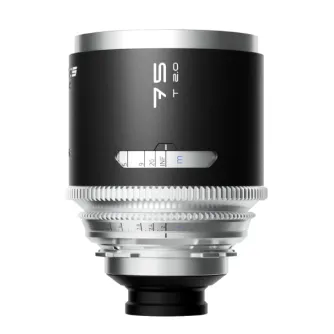 Blazar MANTIS 75mm T2.0 1.33X anamorfiskā objektīvs ar PL montāžu, priekšējā skata uz T-stop atvērtuves gredzenu un 77mm filtru vītni