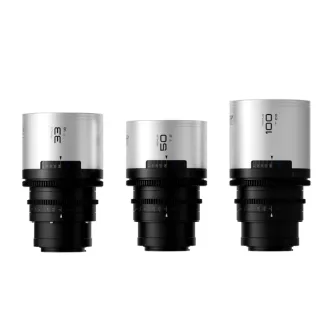 Blazar Remus-M 1.5x pilna kadra anamorfo objektīvu komplekts ar 33mm, 50mm un 100mm objektīviem, E montāžai, ar sudrabainiem flāriem un 16 plēksņu apretūru kinomākslas ovālajam bokeh