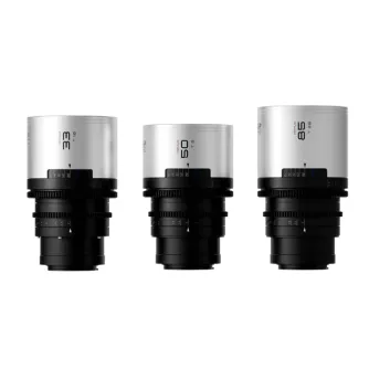 Blazar Remus-M 1.5x full-frame anamorphic lens set with 33mm, 50mm, and 85mm focal lengths for Sony E Mount cameras, featuring a classic cinematic design and silver flares.