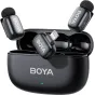Boya wireless lavalier microphone mini 2-03 kit with Lightning receiver, two transmitters, and open charging case for extended battery life