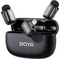 Boya wireless lavalier microphone mini 2-03 kit with Lightning receiver, two transmitters, and open charging case for extended battery lifeBoya wireless lavalier microphone mini 2-03 kit with Lightning receiver, two transmitters, and open charging case for extended battery life