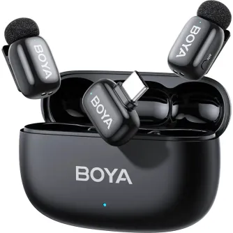 Boya mini 2-02 wireless microphone kit with open charging case showing two USB-C transmitters and built-in receiver