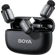 Boya mini 2-02 wireless microphone kit with open charging case showing two USB-C transmitters and built-in receiverBoya mini 2-02 wireless microphone kit with open charging case showing two USB-C transmitters and built-in receiver